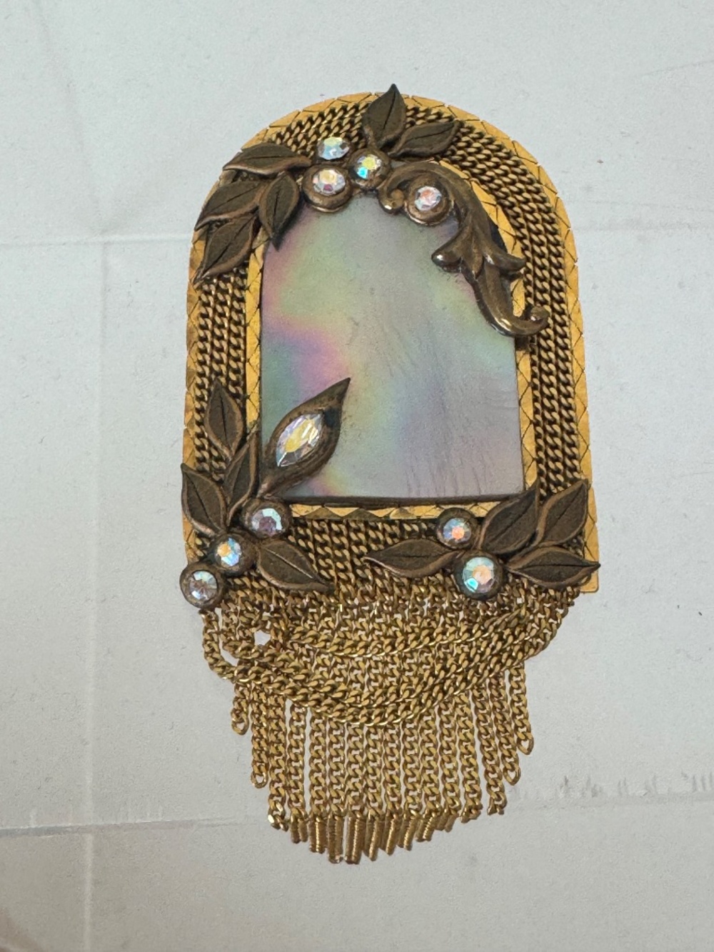 Vintage MARENA Germany Mother of Pearl Rhinestone Brooch Pendant Fringe